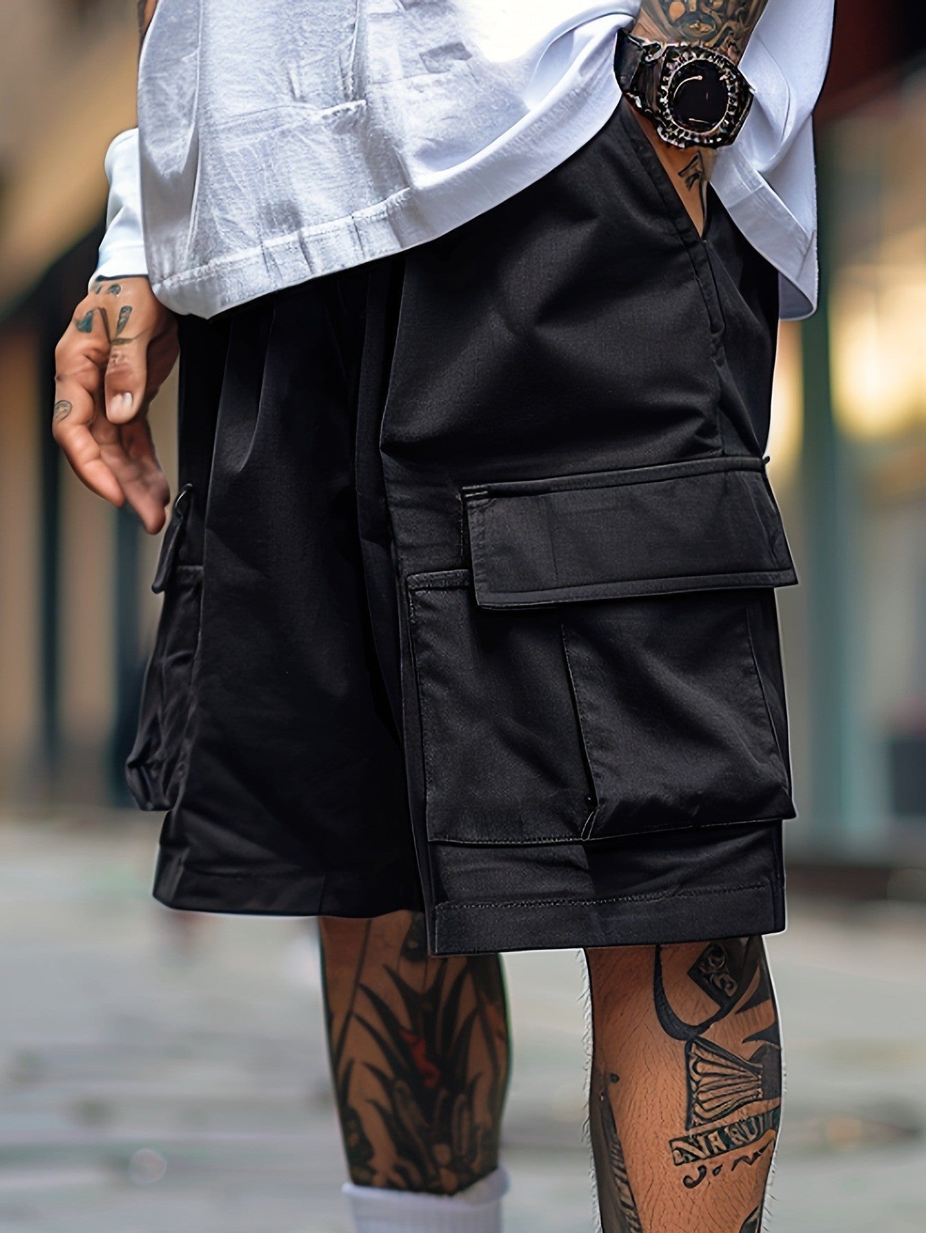 Men's Plus-size Casual Cargo Shorts with Drawstring, Elastic Waistband, and Four Pockets
