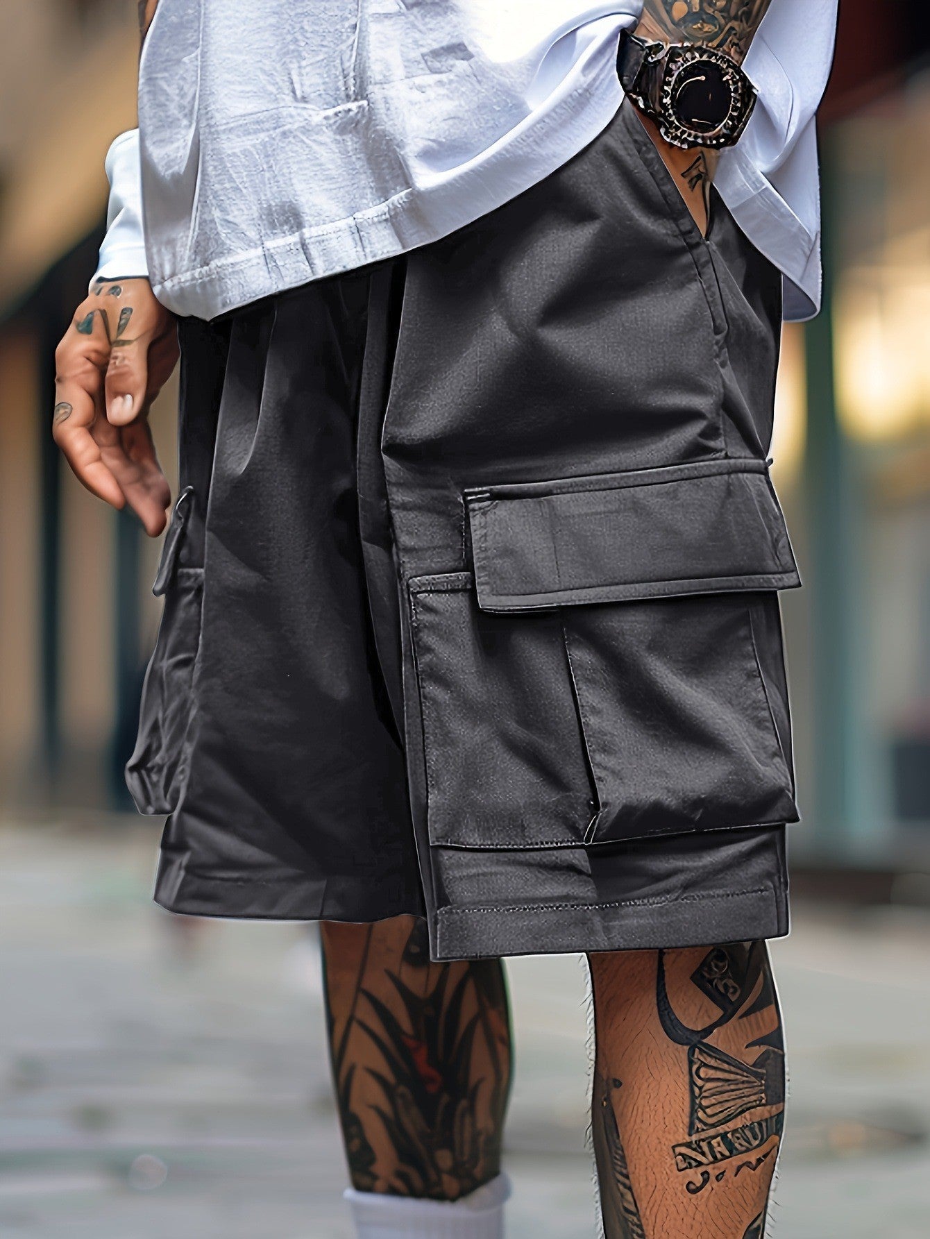 Men's Plus-size Casual Cargo Shorts with Drawstring, Elastic Waistband, and Four Pockets