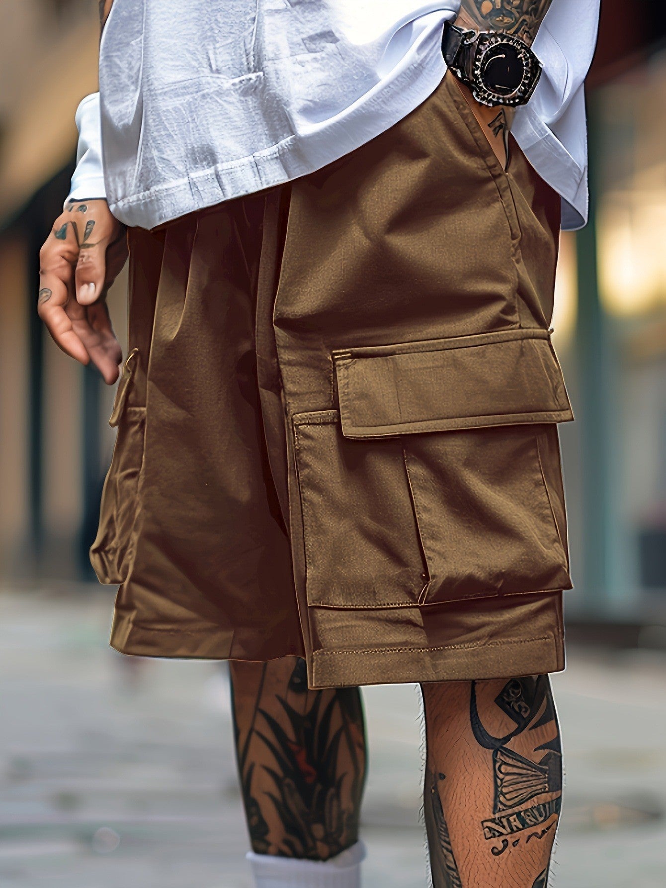 Men's Plus-size Casual Cargo Shorts with Drawstring, Elastic Waistband, and Four Pockets