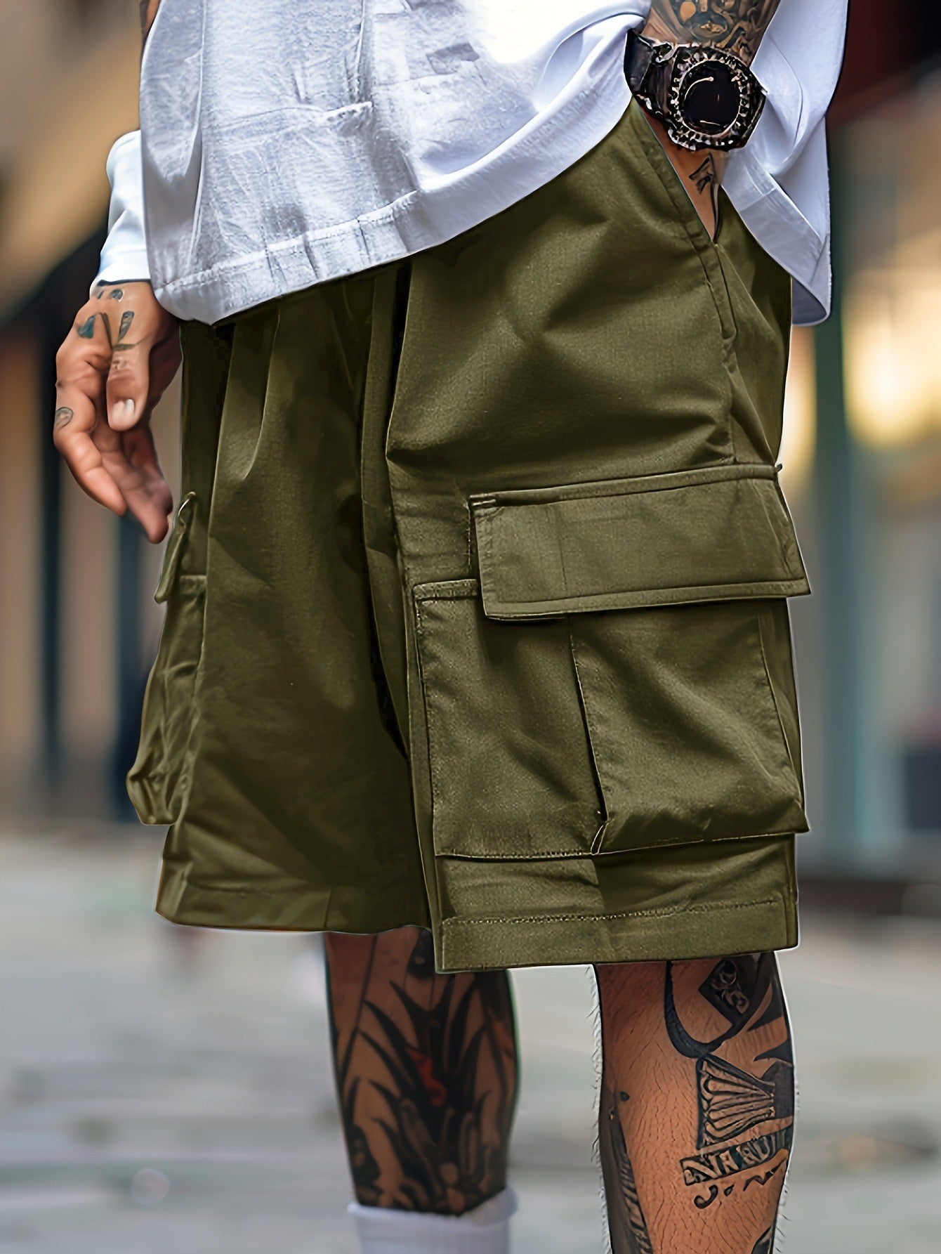 Men's Plus-size Casual Cargo Shorts with Drawstring, Elastic Waistband, and Four Pockets
