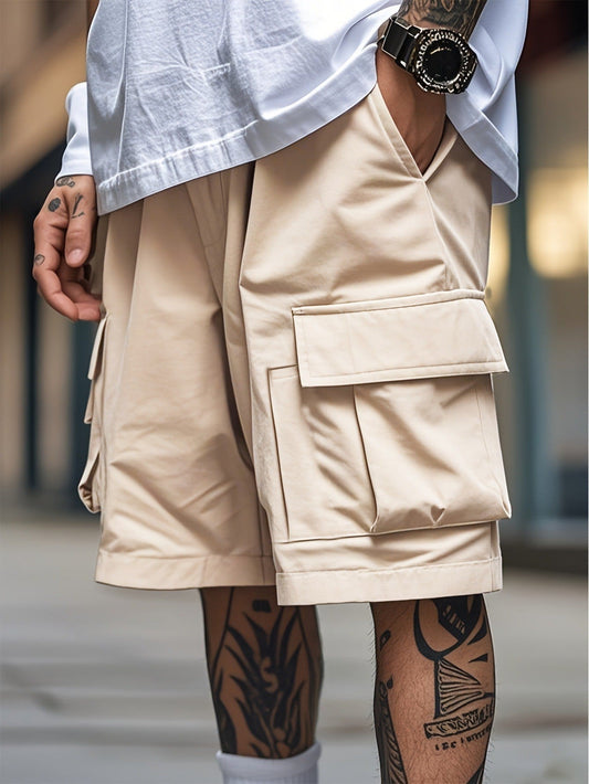 Men's Plus-size Casual Cargo Shorts with Drawstring, Elastic Waistband, and Four Pockets